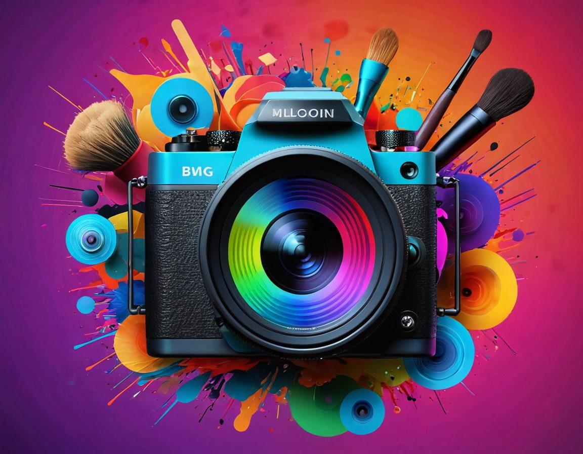 A captivating digital collage depicting a seamless transition from a blog interface to a dynamic broadcast scene. Include iconic elements of digital arts like colorful brushes, camera lenses, and sound waves merging into the design. Infuse vibrant colors to symbolize creativity, while adding a soft gradient background that suggests evolution and progress. super-realistic. vibrant colors. 3D.