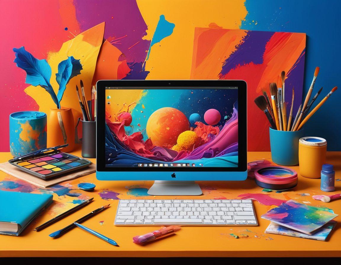 A vibrant digital workspace featuring a diverse array of artistic tools like tablets, brushes, and paint splashes, set against an inspiring background of creative expressions such as colorful abstract art and visually striking online journals. Focus on the blend of traditional and digital media, symbolizing the evolution of creativity in the online world. Playful and dynamic composition that evokes a sense of exploration and innovation. super-realistic. vibrant colors. 3D.
