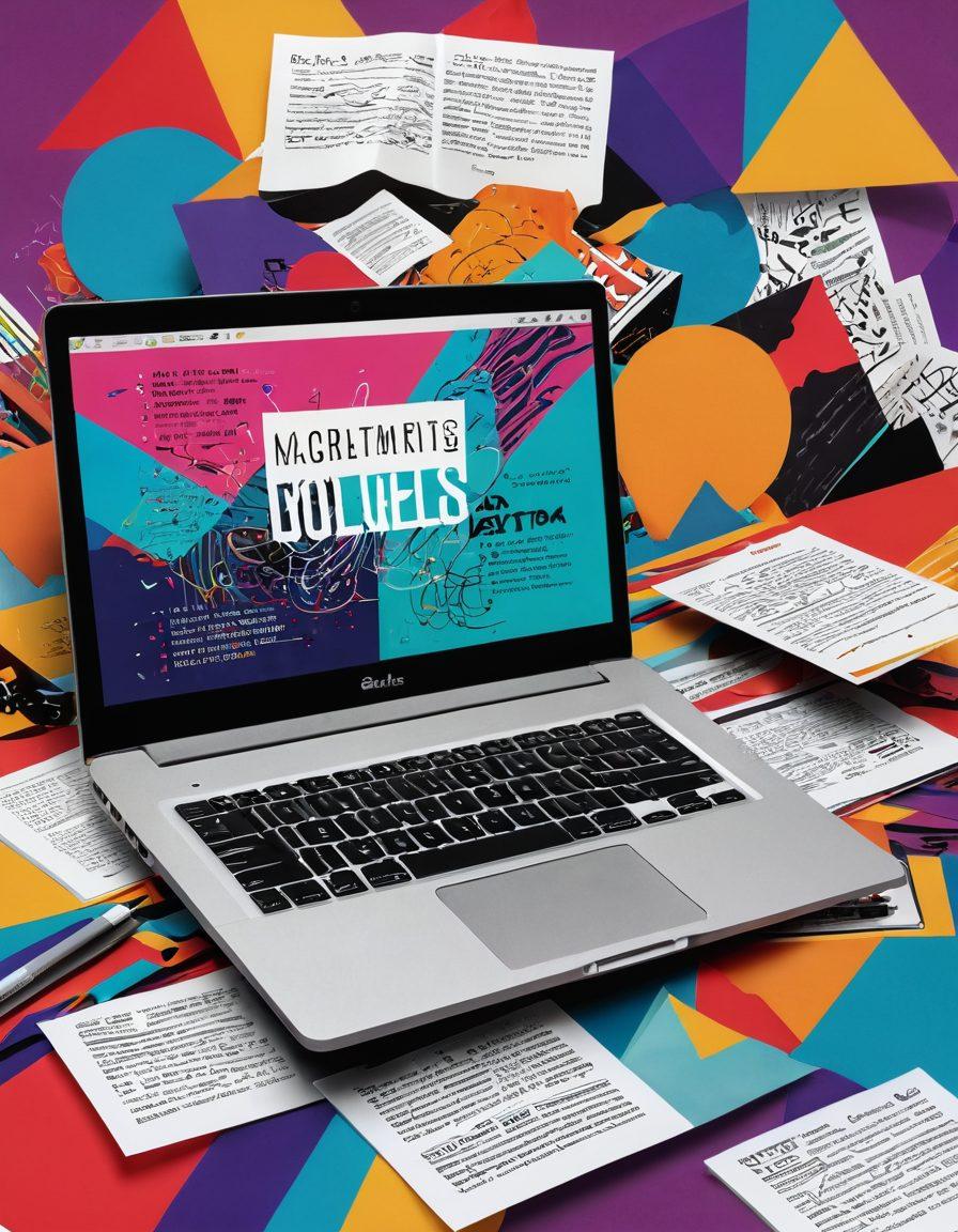 A dynamic digital collage showcasing a harmonious blend of design elements like typography, color palettes, and graphic illustrations intertwined with pages of handwritten text and modern laptops. In the background, vibrant abstract shapes symbolize creativity and connection, while artists and writers collaborate in a lively creative atmosphere. The scene should evoke a sense of community and innovation. super-realistic. vibrant colors. 3D.